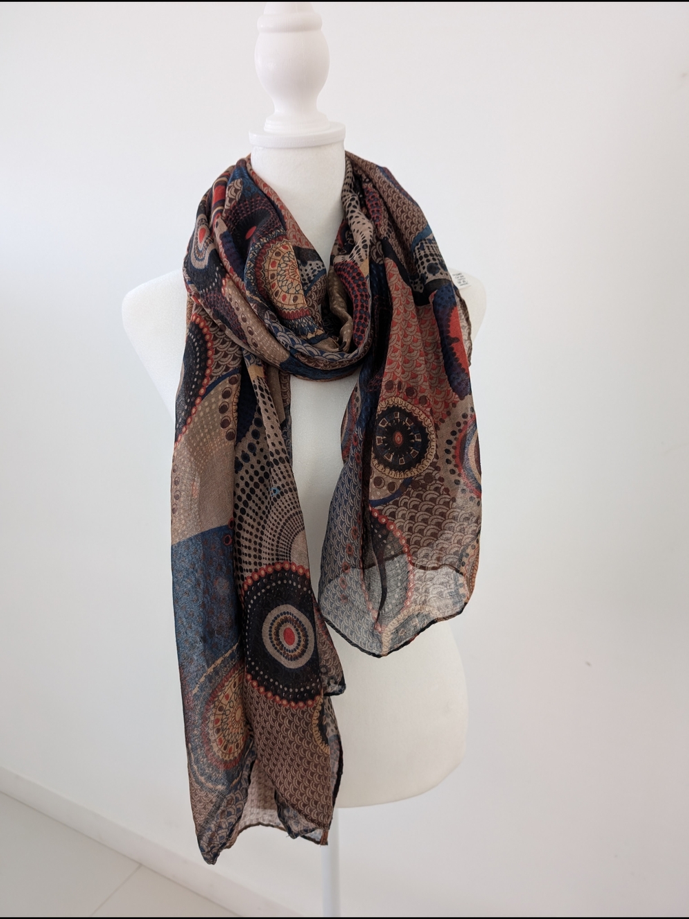 Boho Scarf Brown Mandala Circle Print Lightweight Oversized Wrap 70"L x 34.5" W